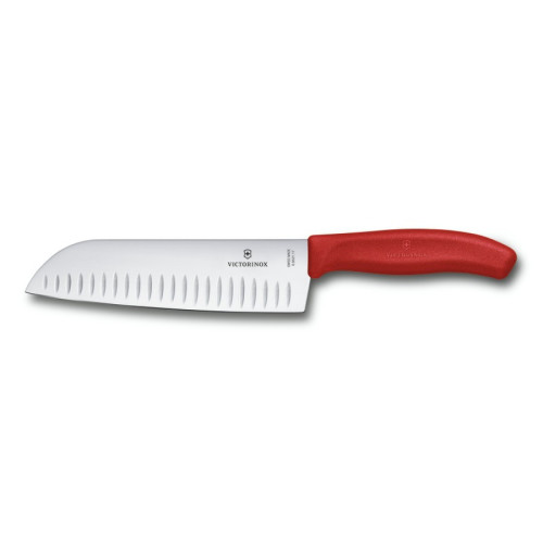 Victorinox Kuchyňský nůž 17 cm SANTOKU, červený s vroubky, dárkové balení (6.8521.17G)